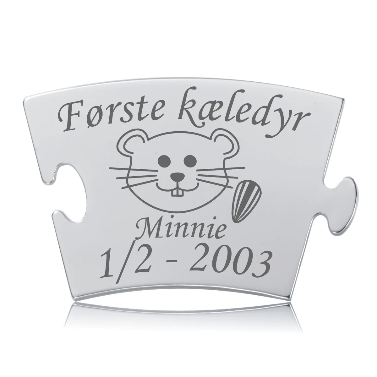 Memozz Classic mindebrik "Første kæledyr - Hamster" i poleret stål med gravering af hamster og skrift