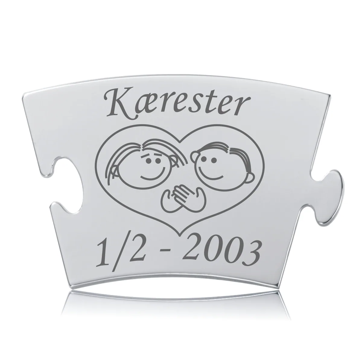Memozz Classic brik "Kærester - Model Par" i skinnende stål med graveret hjerte og figurer
