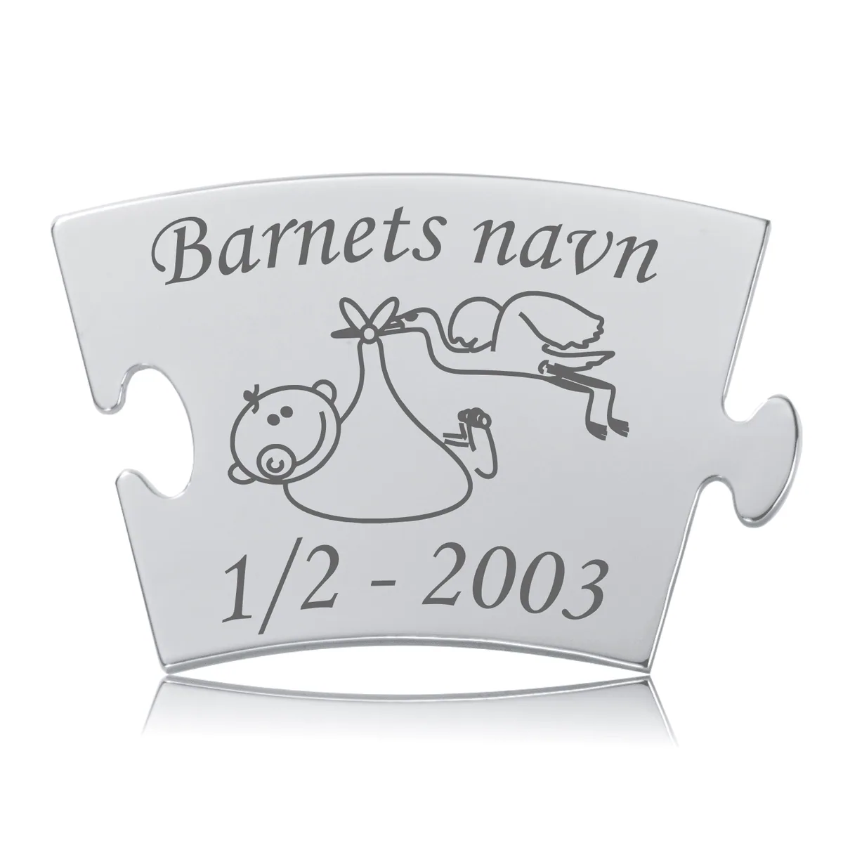 Memozz Classic mindebrik "Blev forældre" med stork og baby motiv, graveret i skinnende rustfrit stål, til personlig mindetavle