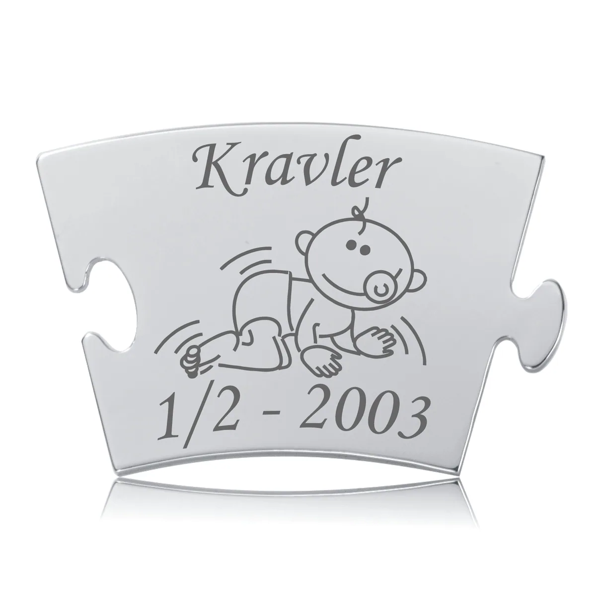 Memozz Classic "Kravler" mindebrik i håndpoleret stål med graveret baby og tekst