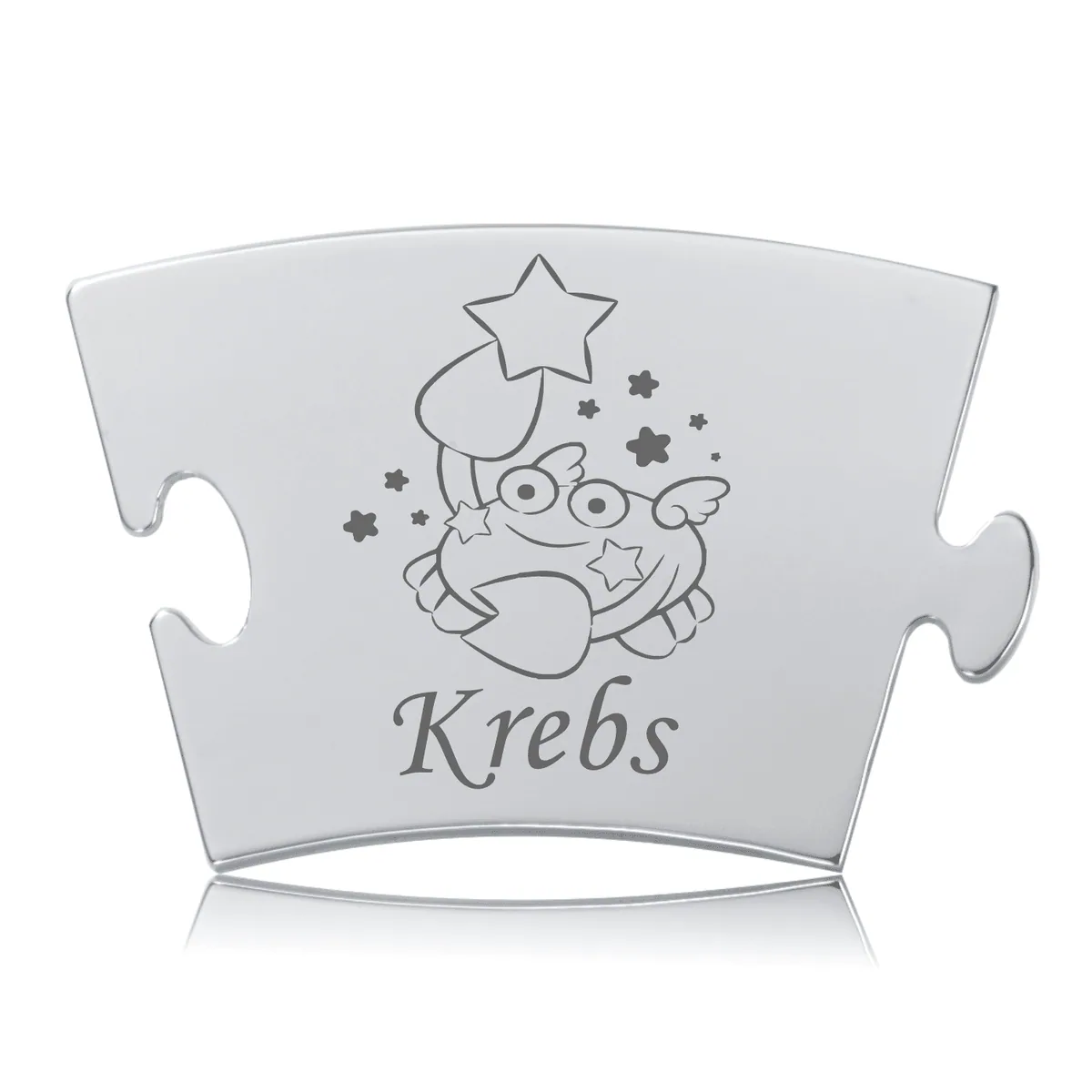 Stjernetegn - Krebs brik i håndpoleret rustfri stål med graveret krabbe, der holder en stjerne, omgivet af mindre stjerner