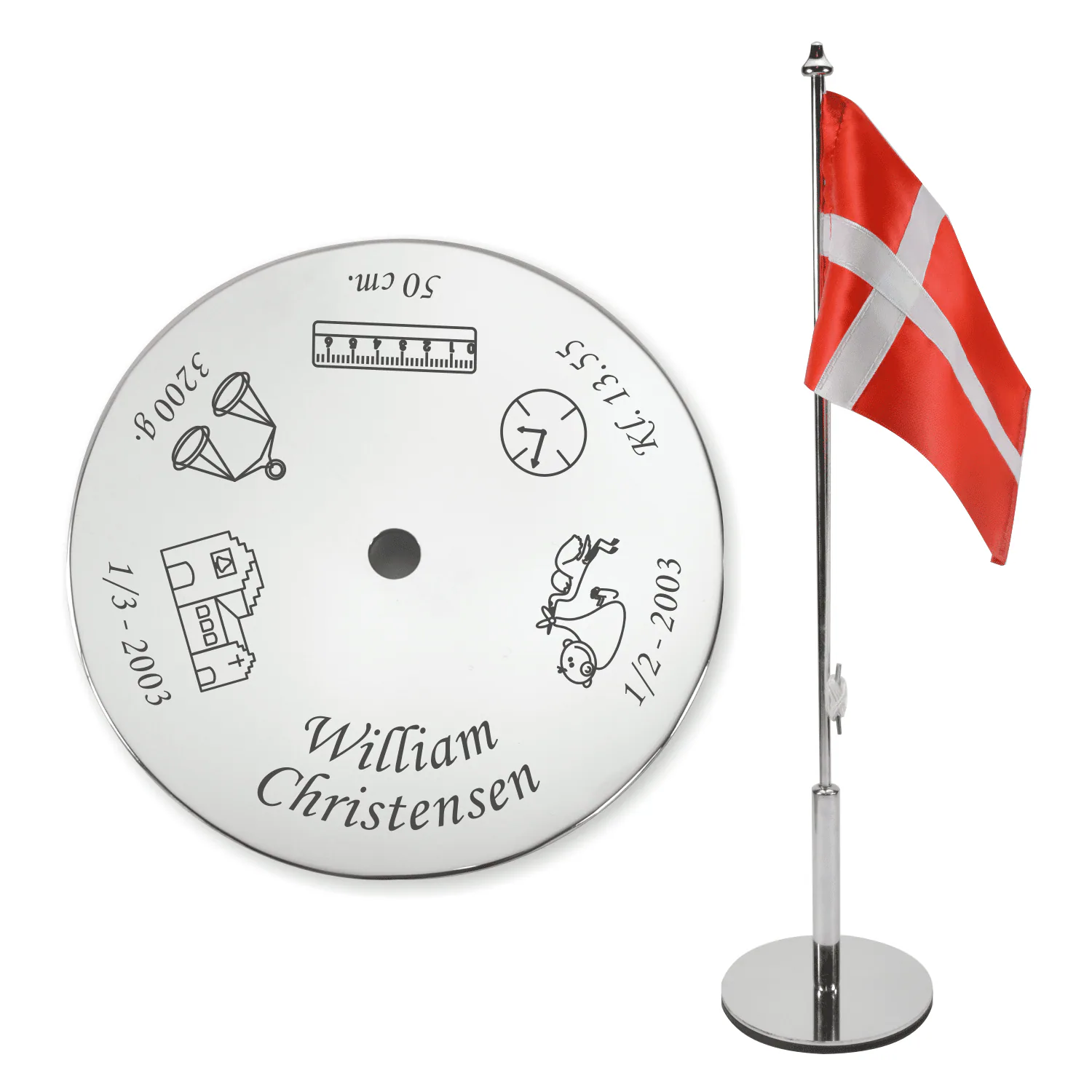 Hele MEMOZZ bordflaget med Dannebrog, metalstang og rund fod