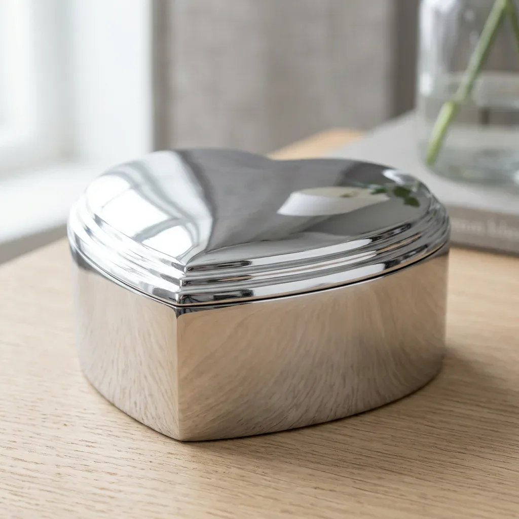 Forkromet smykkeskrin 8x8 cm placeret på et minimalistisk lyst trébord i et skandinavisk hjem.