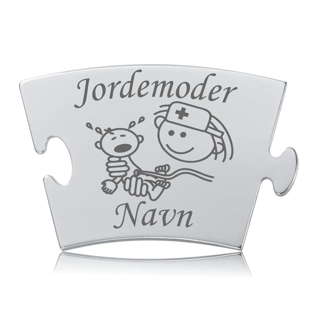 Memozz Classic "Jordemoder" brik i rustfrit stål med gravering af jordemoder og baby samt plads til navn