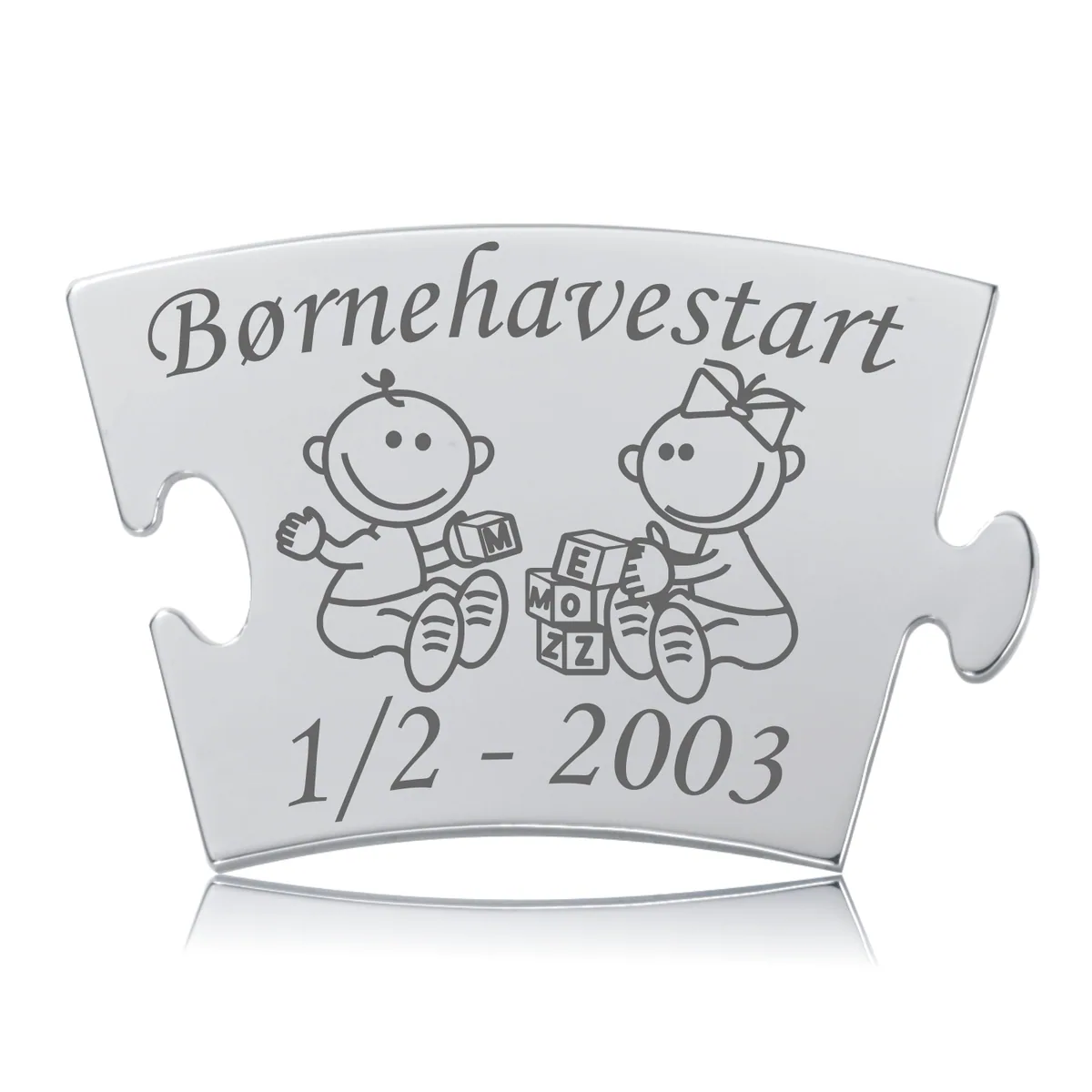 Memozz Classic mindebrik, "Børnehavestart" i poleret rustfrit stål med lasergraverede børnefigurer