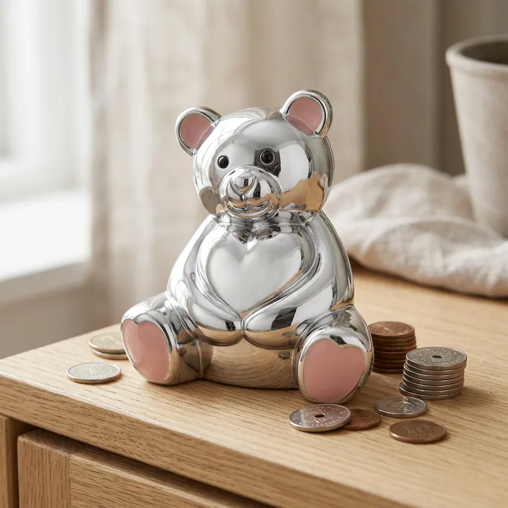 Forkrommet sparebøsse bamse med pink ører og fødder ved siden af danske mønter