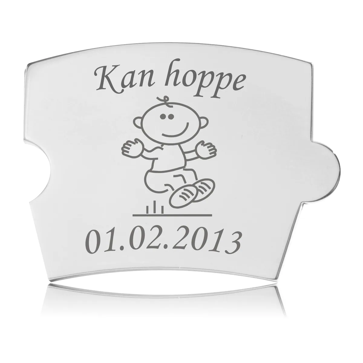 Memozz Spin brik "Kan hoppe" i håndpoleret rustfrit stål med graveret motiv af hoppende barn.