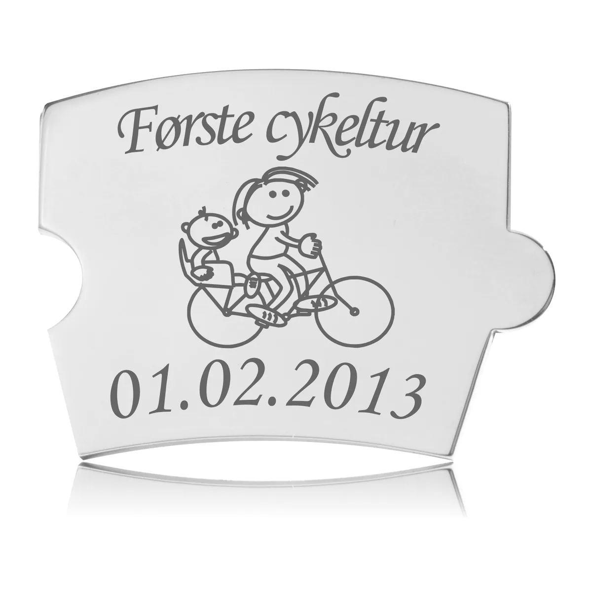 Memozz Spin brik i rustfrit stål med gravering: Første cykeltur og billede af en voksen og et barn på cykel