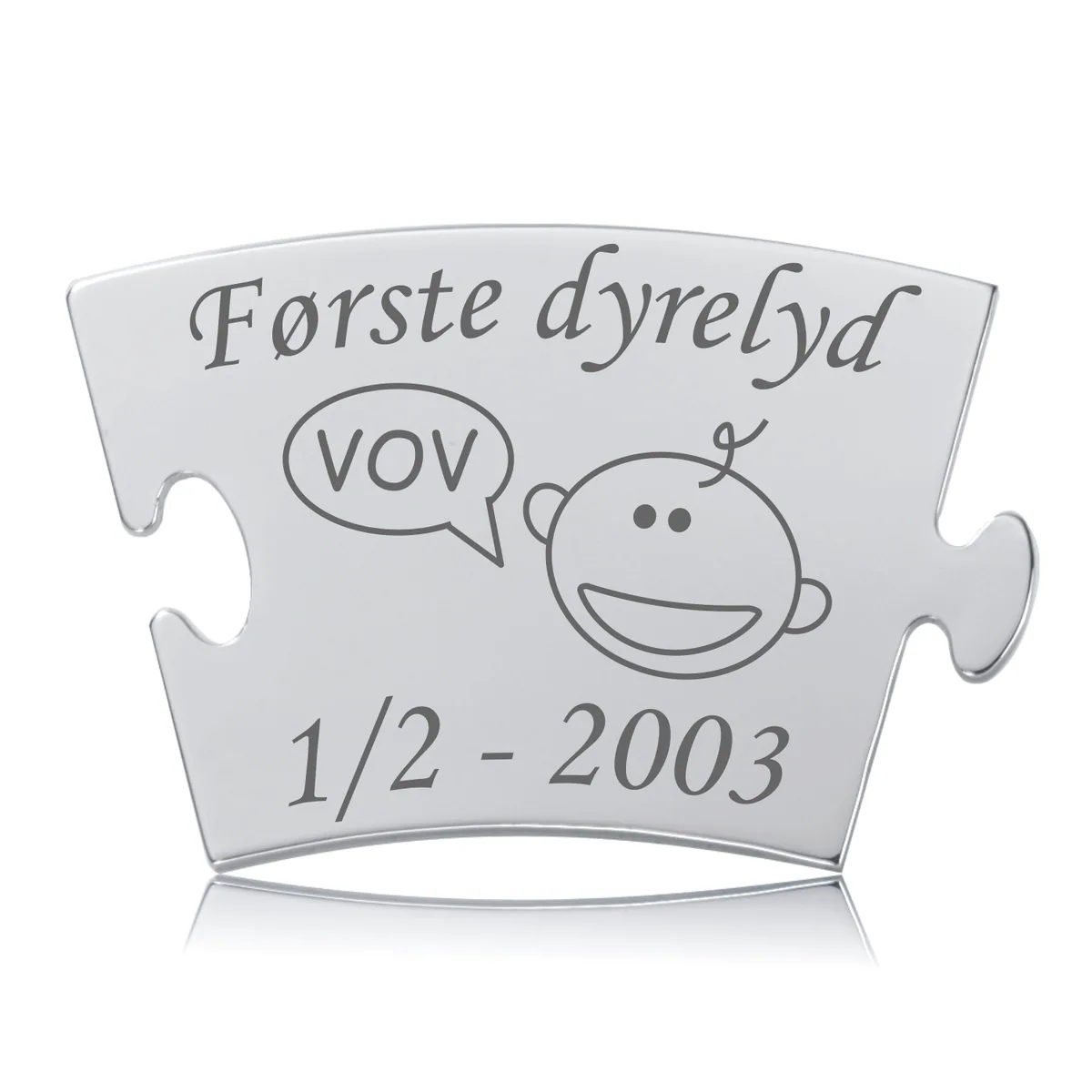 Memozz Classic brik "Første dyrelyd" med graveret baby og taleboble "VOV"