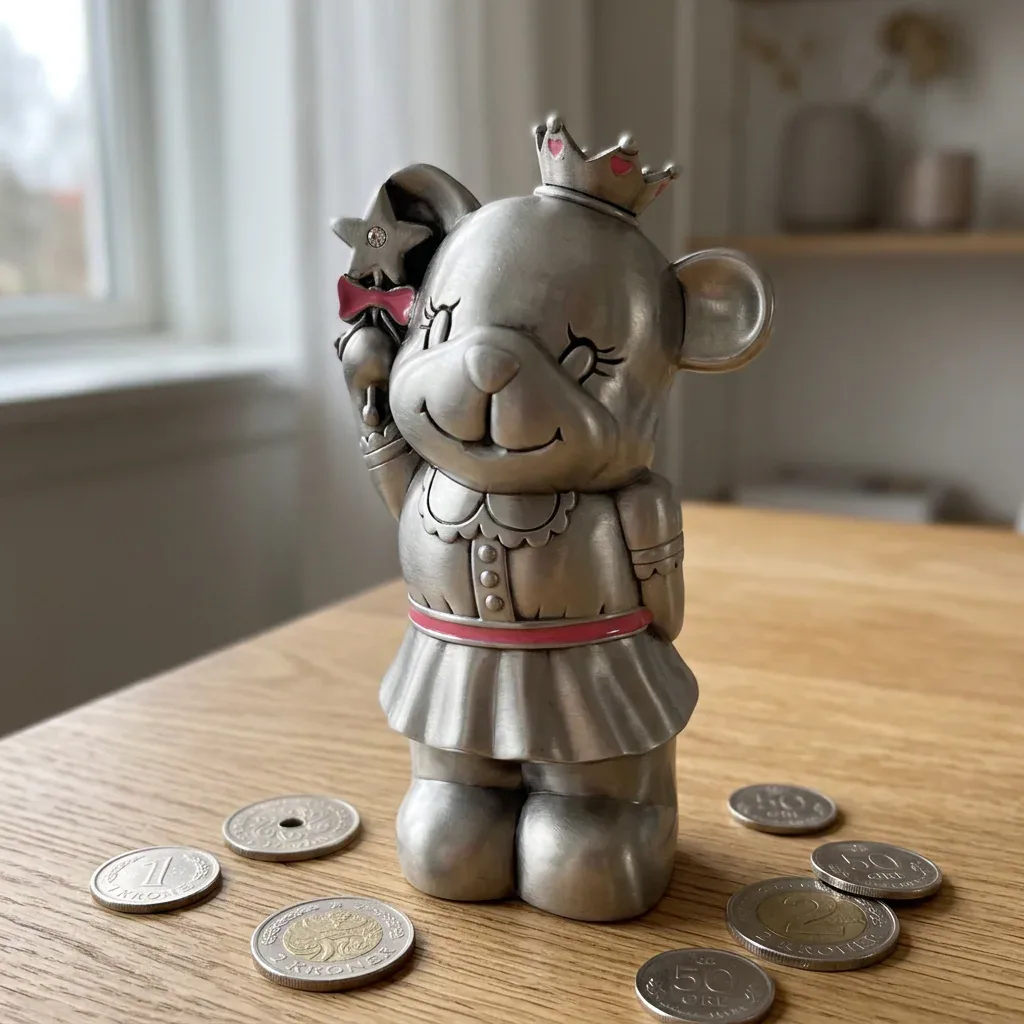 Lyserød Prinsesse Bamse sparebøsse på 12 cm ved siden af små danske mønter