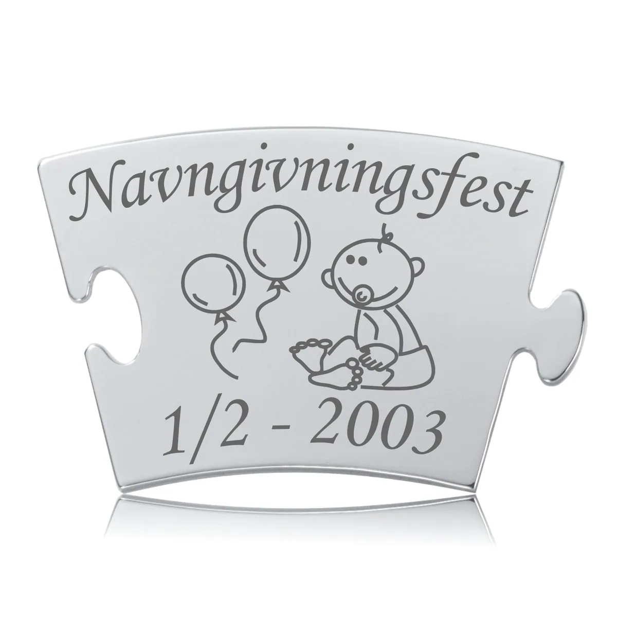 Blankpoleret rustfri stålbrik til Memozz Classic mindetavle med lasergraveret tekst "Navngivningsfest", baby og balloner.