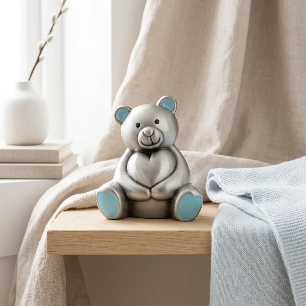 Fortinnet bamse med blå detaljer på en træhylde i et skandinavisk børneværelse