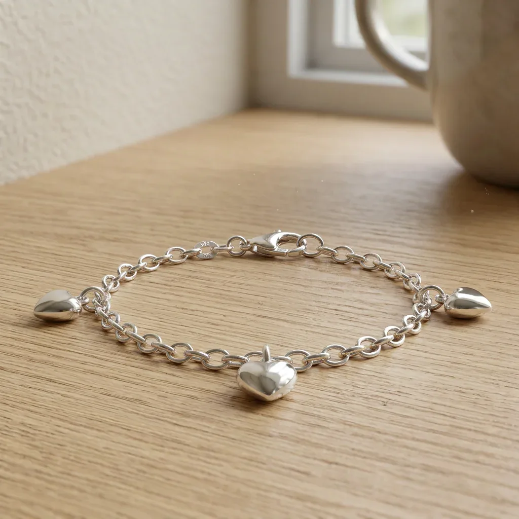Armbånd med hjerter i guld på et træbord i et lyst skandinavisk hjem