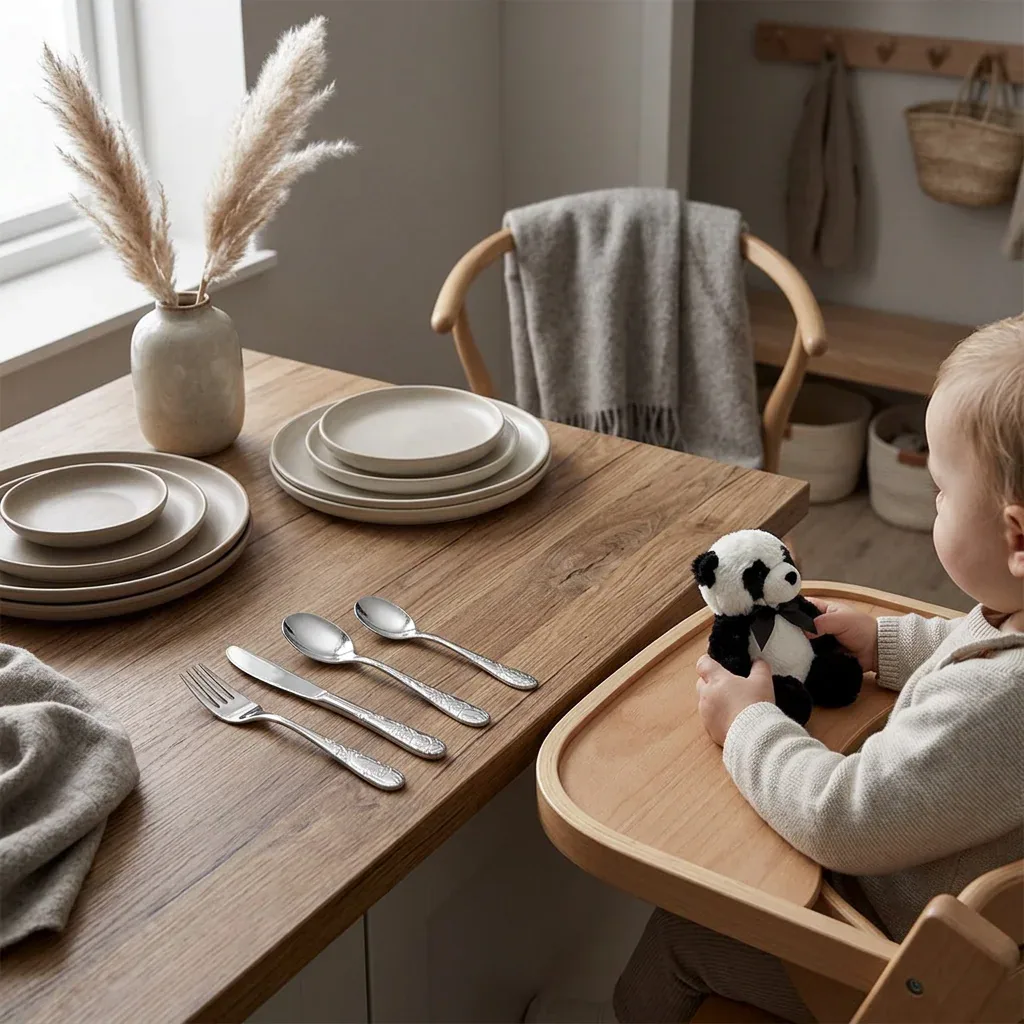 Barn i højstol med lille panda bamse og børnebestik på bordet