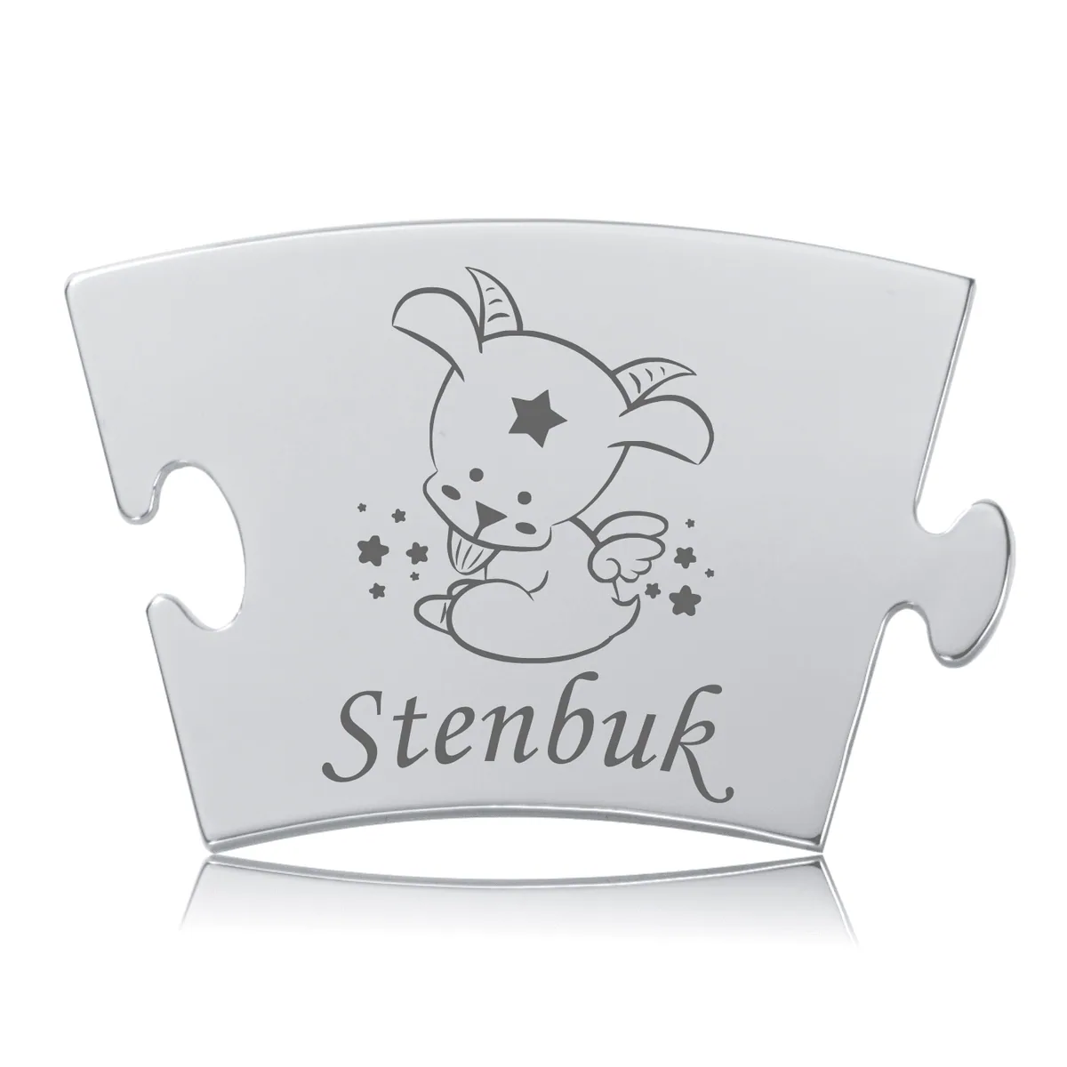 Memozz Classic Stenbuk brik i poleret rustfri stål med graveret stjernetegn figur og tekst.