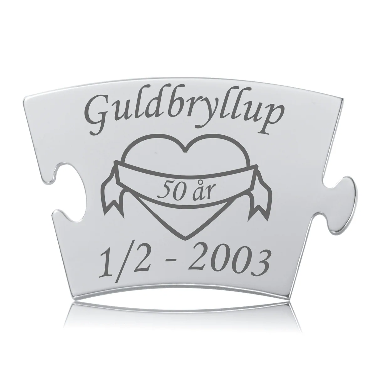 Memozz Classic Guldbryllupsbrik i poleret stål med indgraveret "Guldbryllup 50 år" og dato