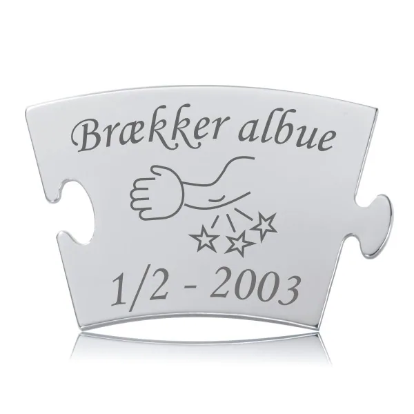 Memozz Classic brik i håndpoleret rustfrit stål med gravering af Brækker albue motiv og tekst