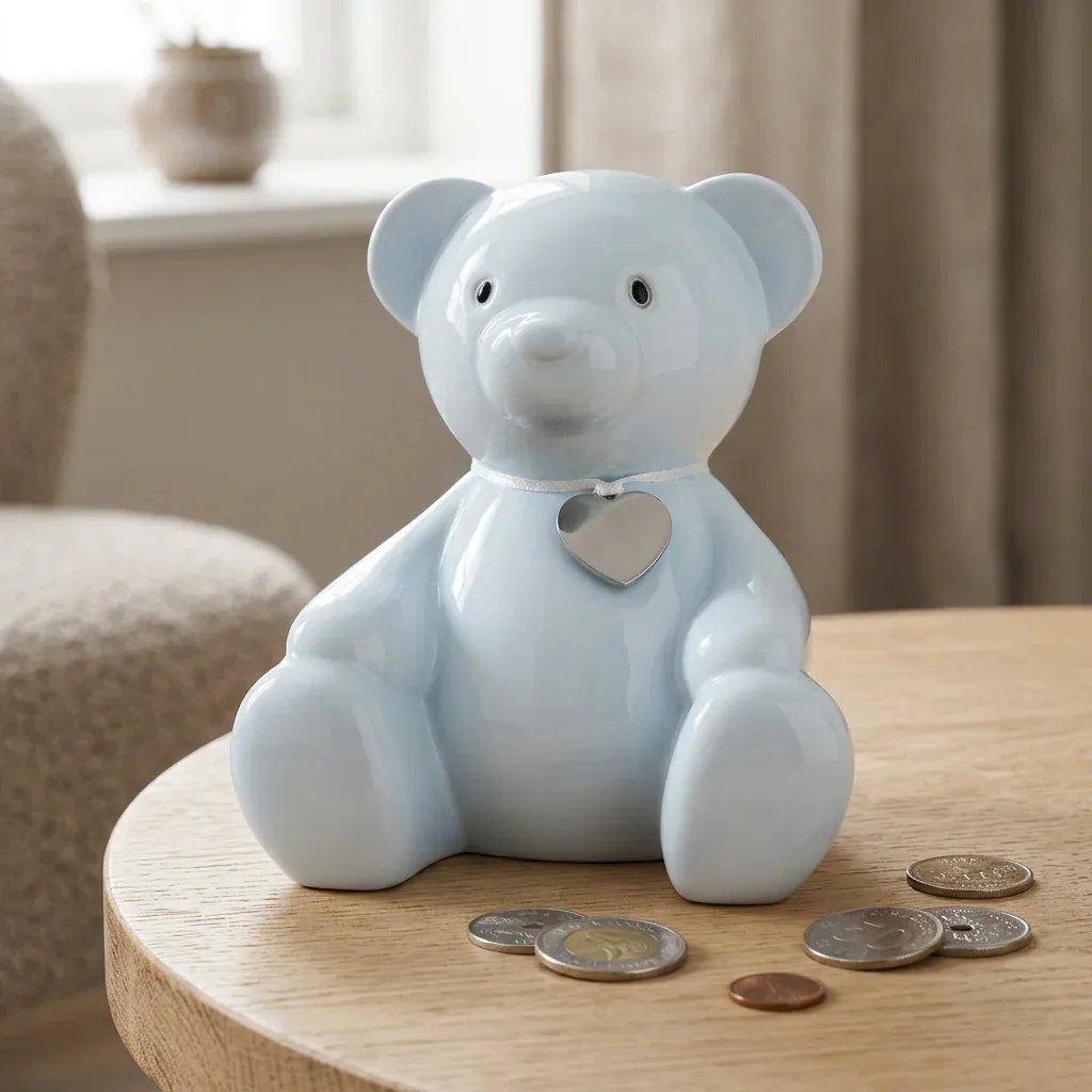 Lyseblå sparebøsse bamse med graveringsplade og danske mønter