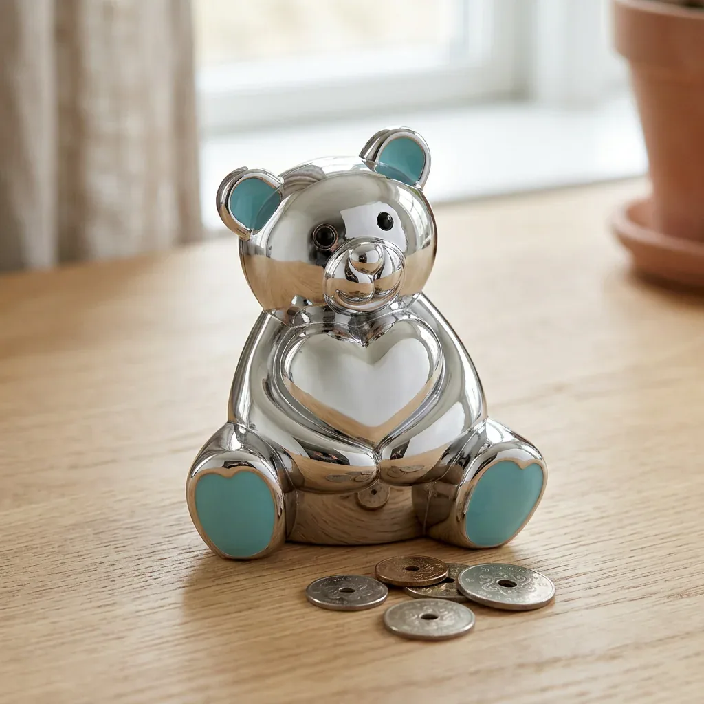 Forkrommet sparebøsse bamse med blå ører ved siden af danske mønter