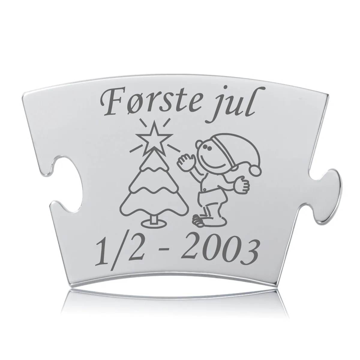 Memozz Classic brik "Første jul - Model Træ" i rustfri stål med gravering af juletræ og nisse