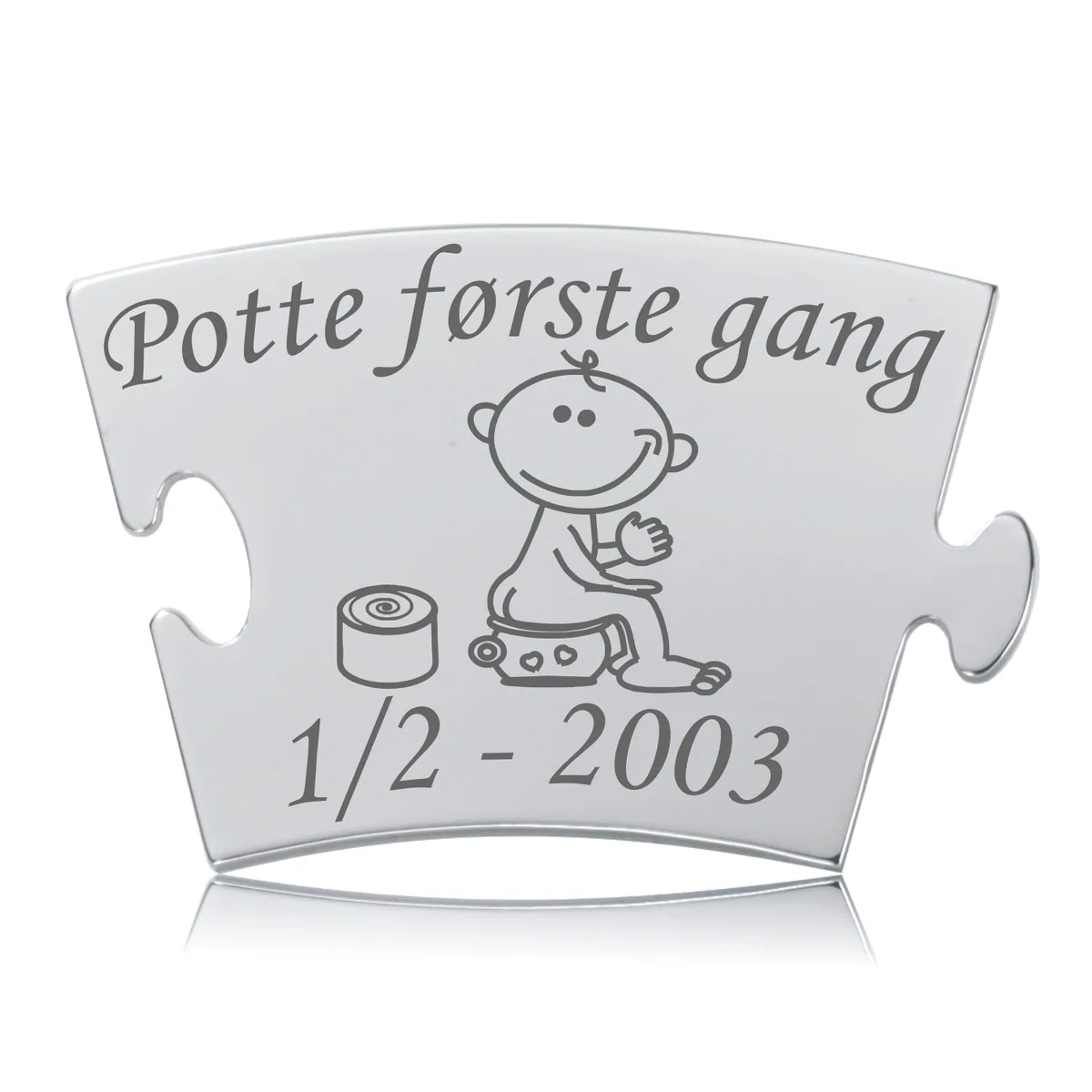 Memozz Classic brik "Potte første gang" i poleret rustfrit stål med mørk lasergravering af barn på potte og tekst