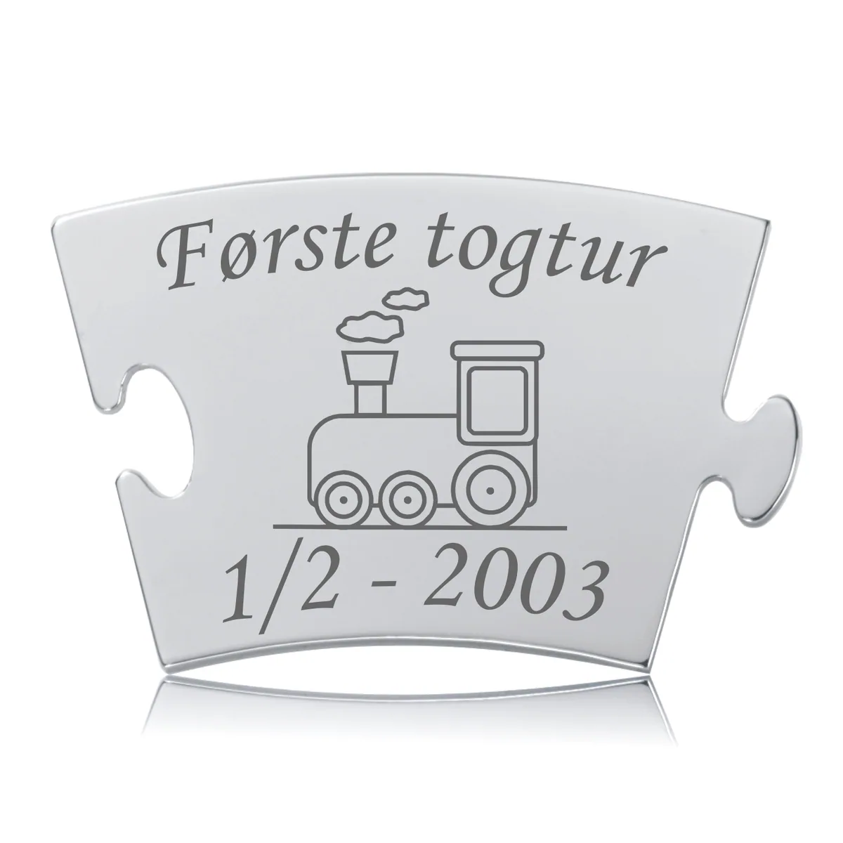 Memozz Classic brik "Første togtur" med detaljeret gravering af lokomotiv i rustfrit stål