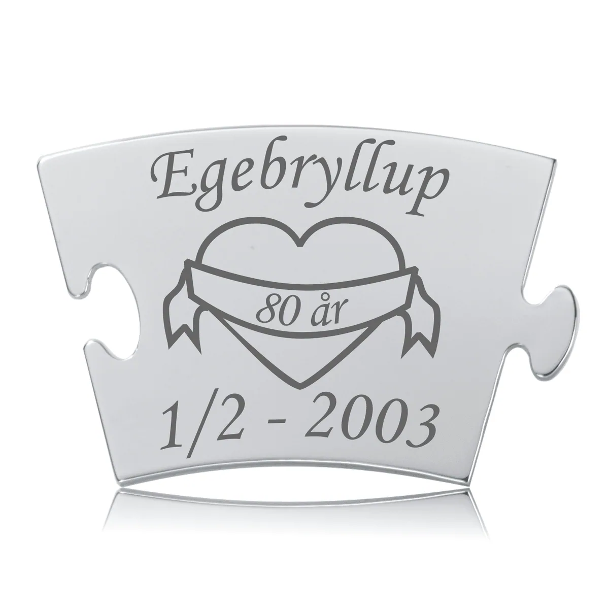 Blankpoleret Memozz Classic Egebryllup brik med gravering af teksten "Egebryllup" og et hjerte med "80 år" samt datoen 1/2-2003