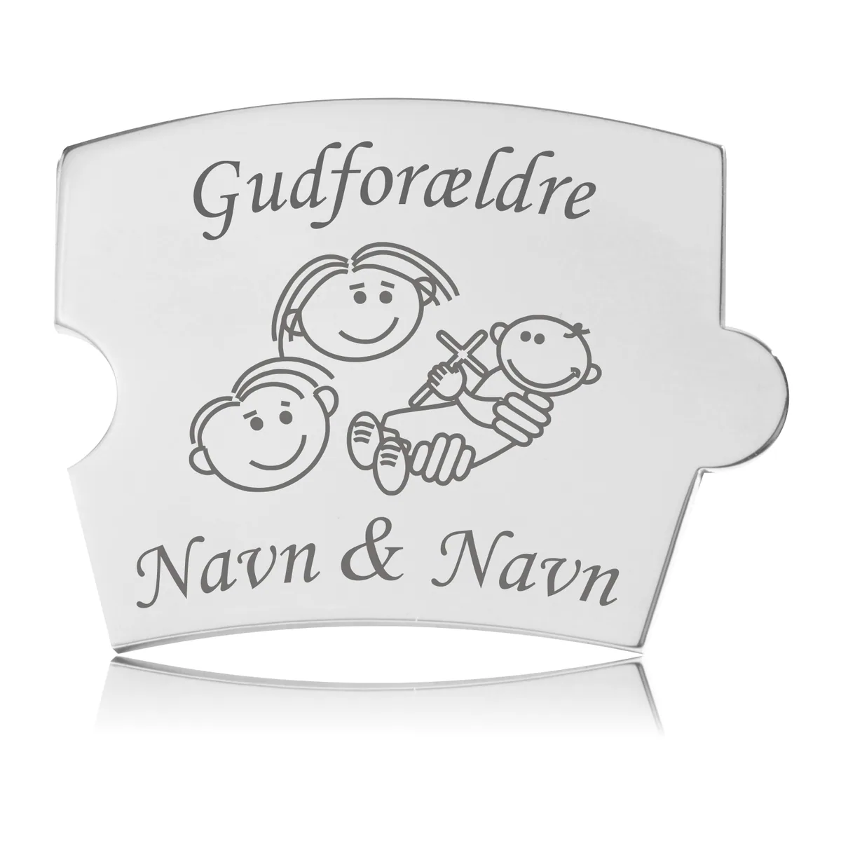 Memozz Spin brik i poleret rustfrit stål med graverede figurer af to voksne, der holder et spædbarn, samt teksten "Gudforældre" og "Navn & Navn".