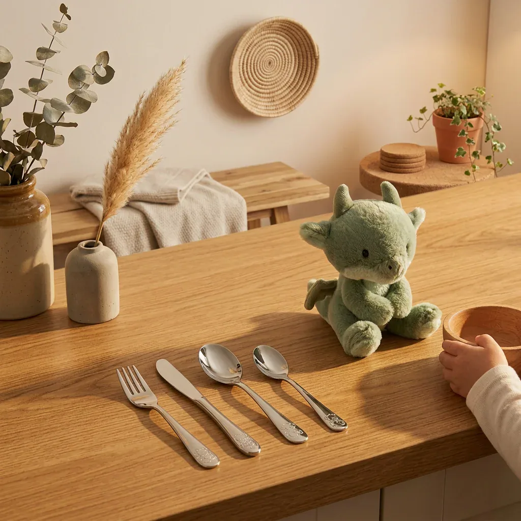 Barn i højstol med lille dragebamse og børnebestik med dragemotiv på køkkenbordet