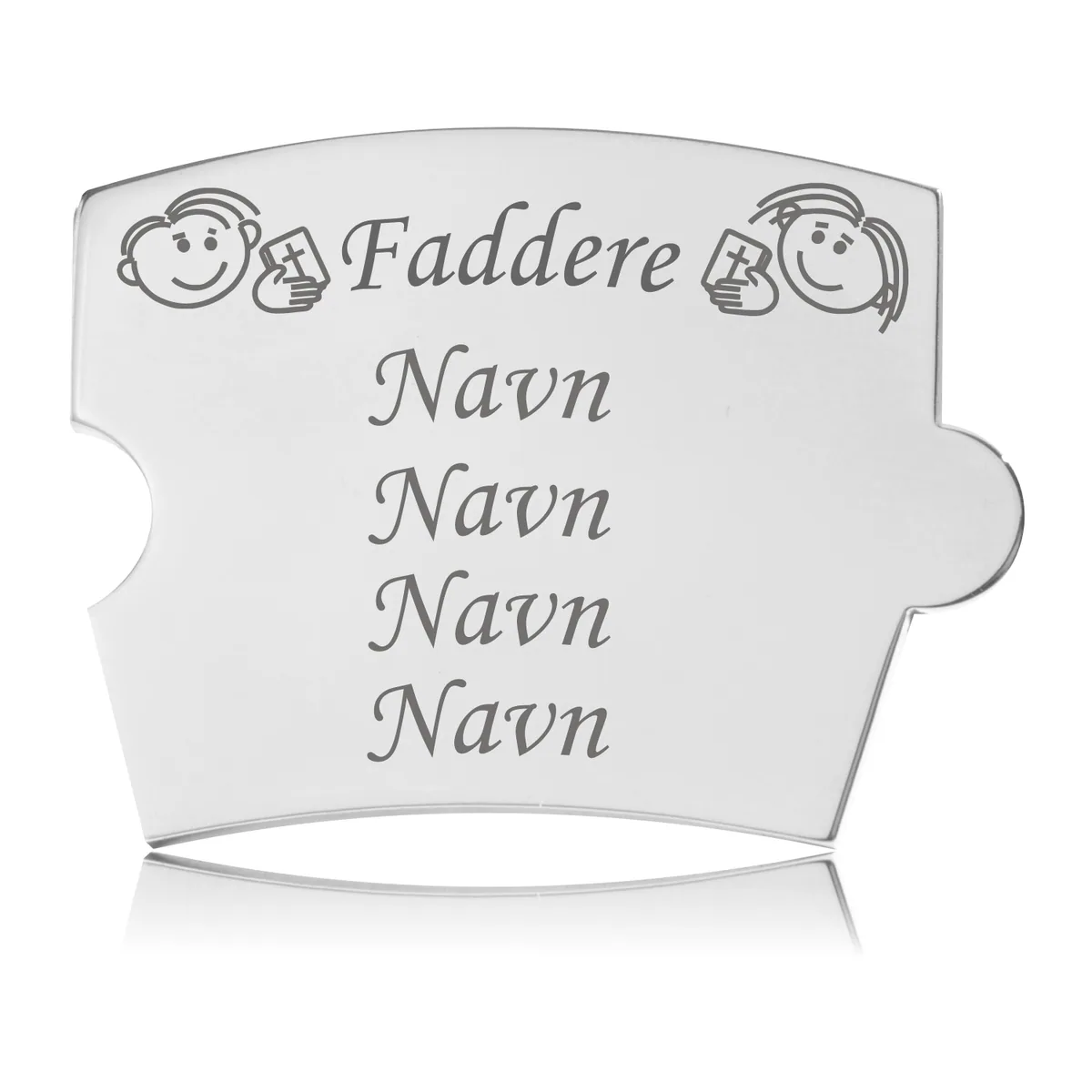 Memozz Spin faddere brik i rustfrit stål med gravering af to smilende ansigter, der holder en bog med et kors; plads til fire navne.