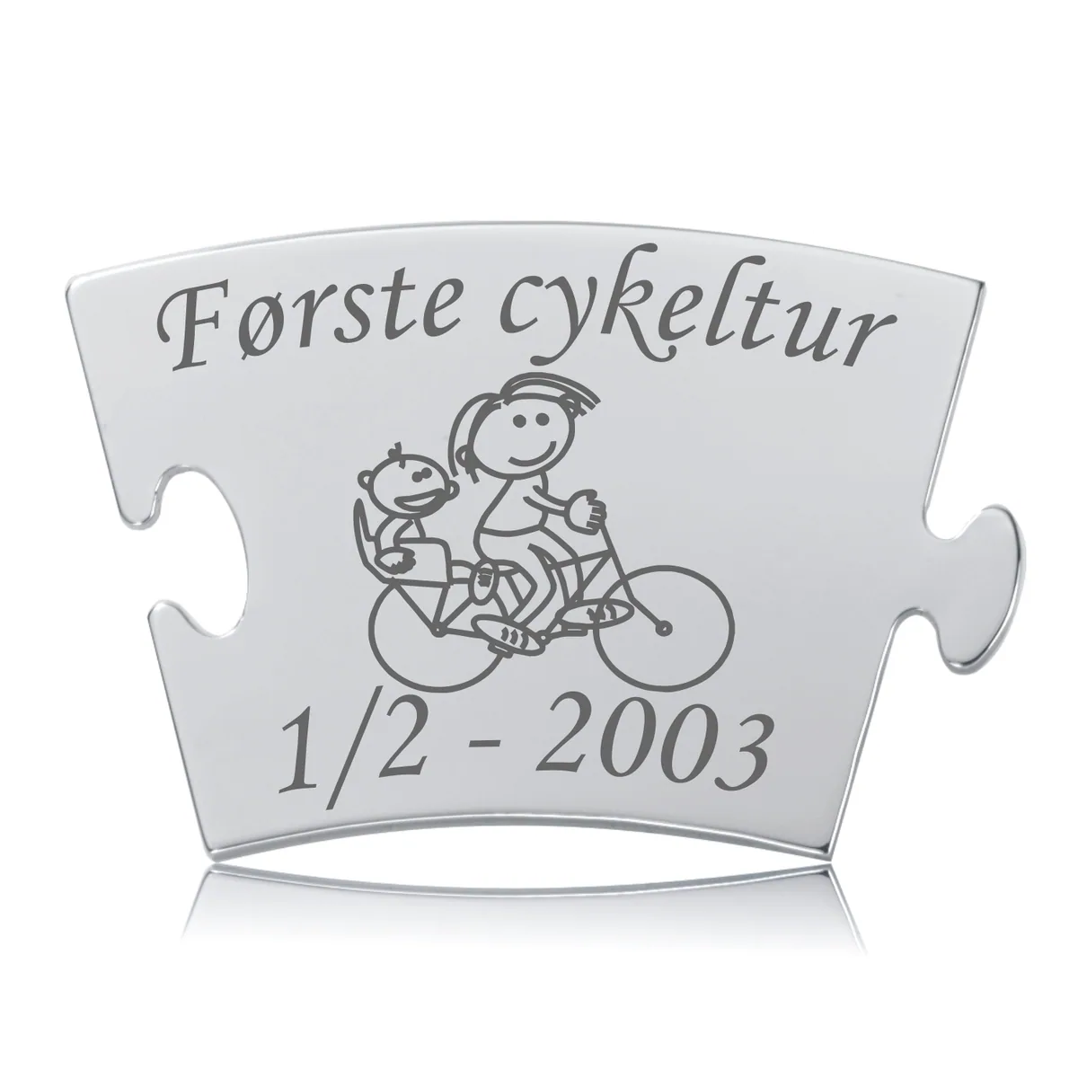 Memozz Classic brik "Første cykeltur" i blankt stål med gravering af forælder og barn på cykel