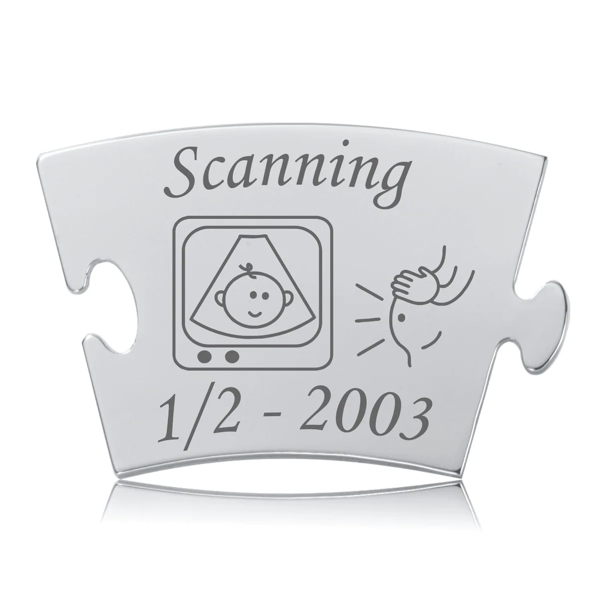 Memozz Classic Scanning brik i poleret rustfrit stål med gravering af scanningsbillede og teksten Scanning.