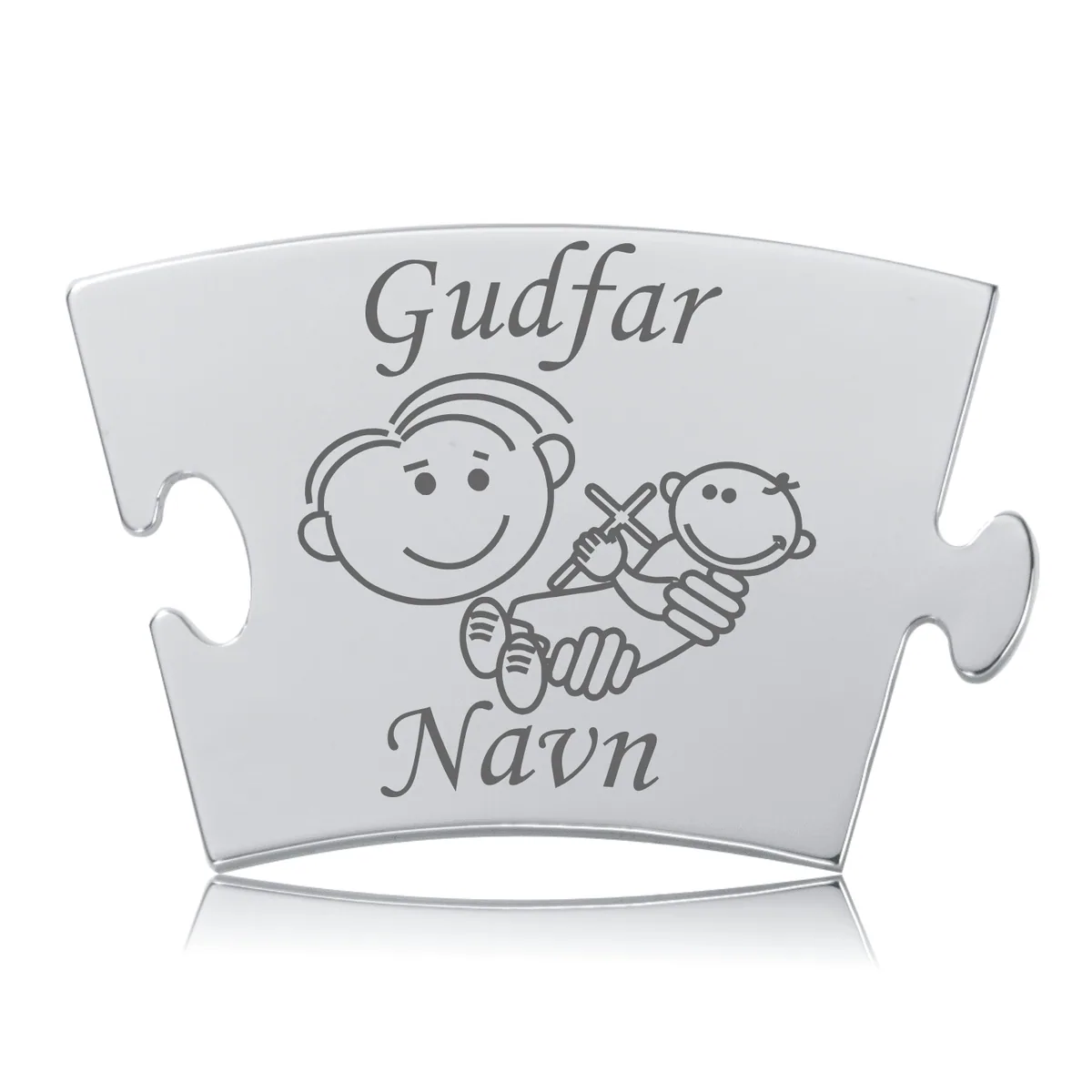 Memozz Classic brik "Gudfar - Model Puzle" i blankt stål med gravering af voksen og barn