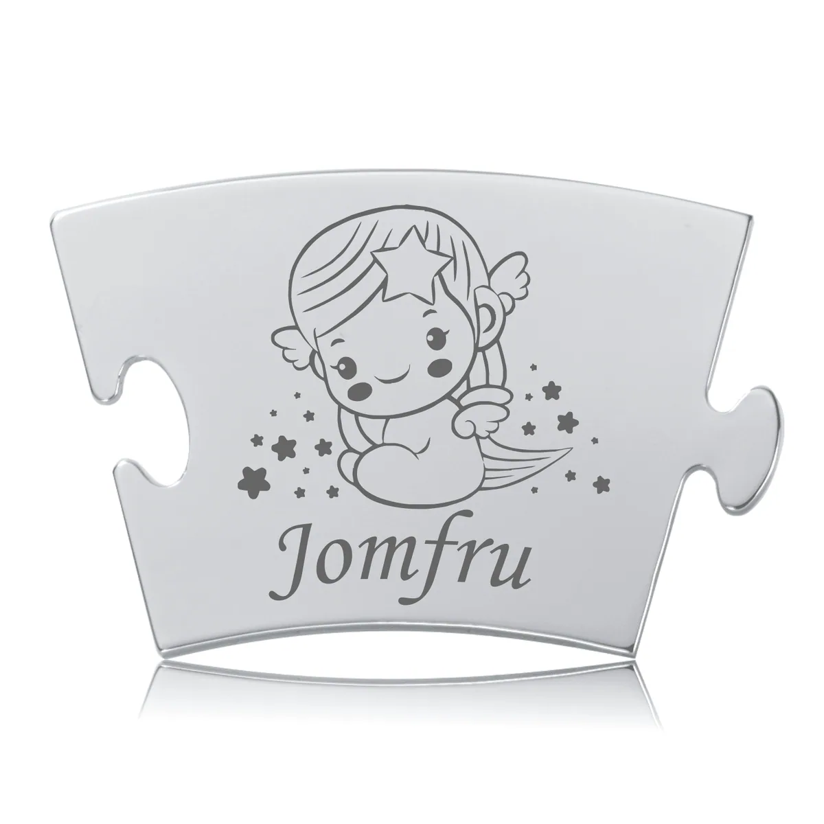 Memozz Classic brik med graveret Jomfru stjernetegn, en sød englefigur og stjerner på skinnende rustfrit stål.