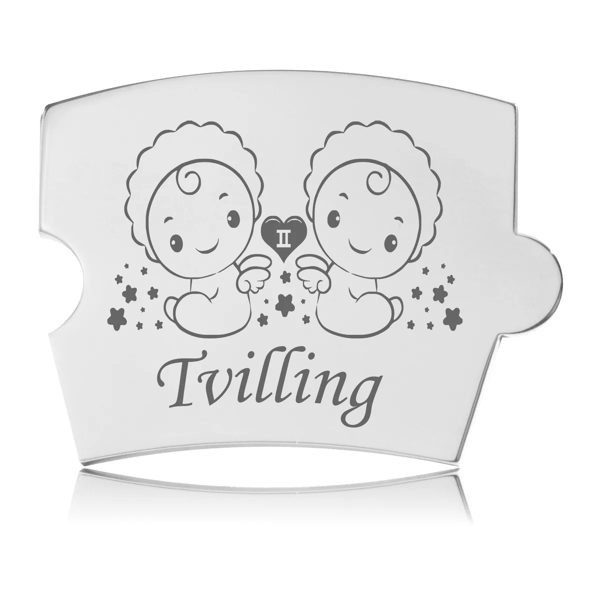 Memozz Spin Stjernetegn Tvilling brik i rustfrit stål med gravering af to babyer og tvillingetegnet. Personlig gave til tvillingedåb.