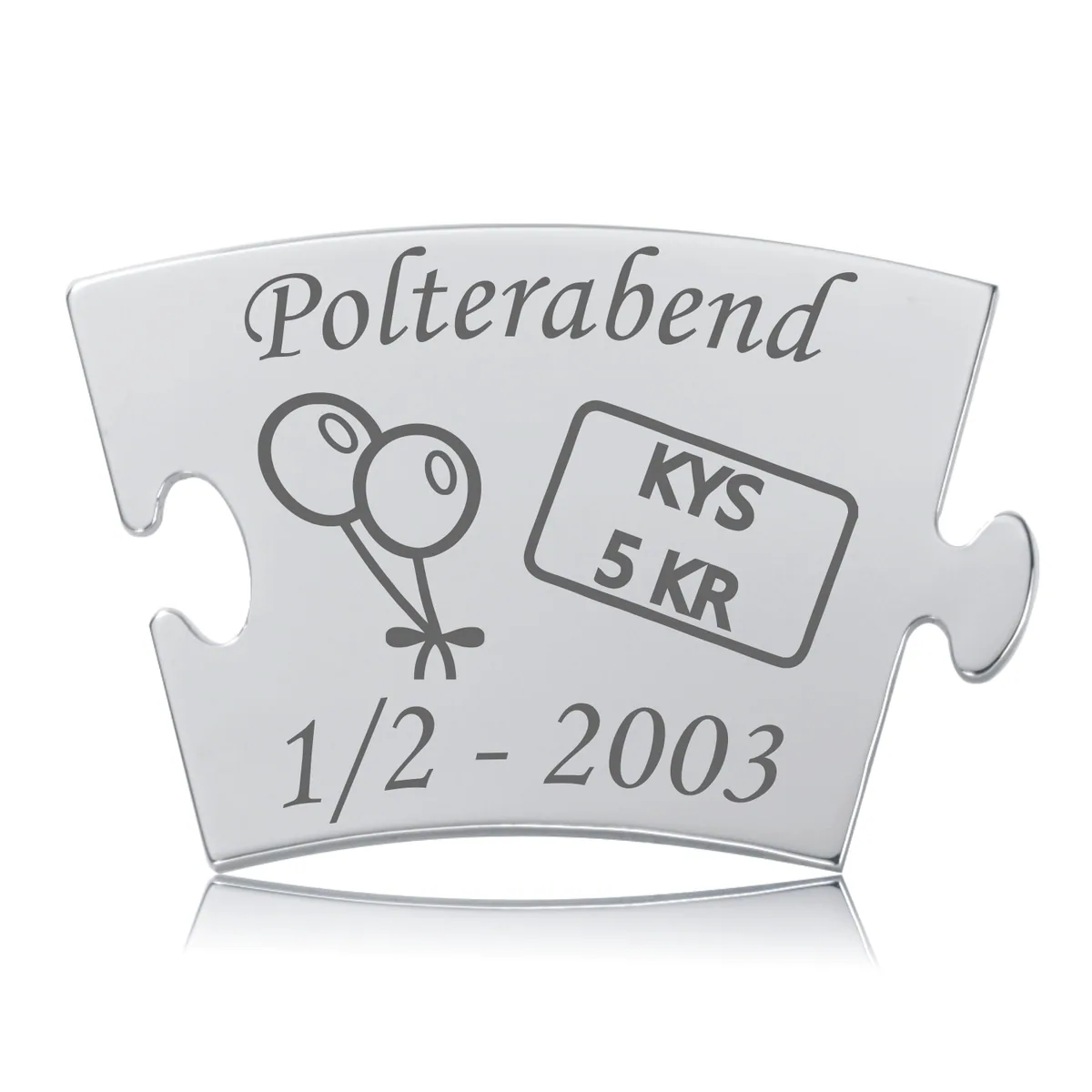 Polterabend - Model Kys Memozz Classic brik i blankt, graveret stål med balloner og "Kys 5 KR" tekst