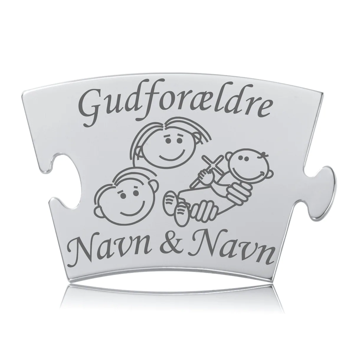 Memozz Classic brik med teksten "Gudforældre" og sød illustration af to voksne og et barn, samt plads til navne, i skinnende rustfrit stål.
