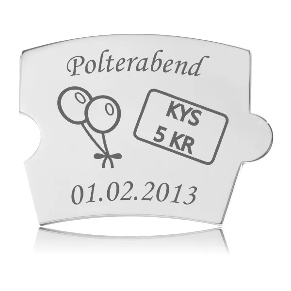 Memozz Spin Polterabend brik med balloner og KYS-stempel. Graveret i mørkegrå på skinnende rustfast stål.