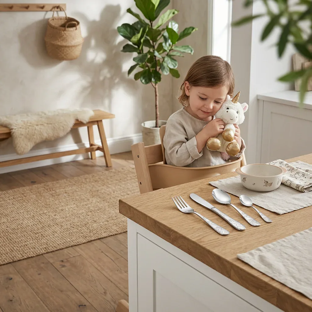 Barn i højstol med lille enhjørning bamse og børnebestik på bordet