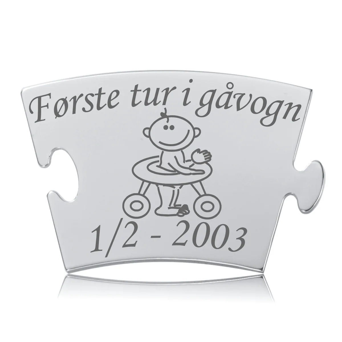 Memozz Classic brik "Første tur i gåvogn" i håndpoleret rustfrit stål med tydelig lasergravering