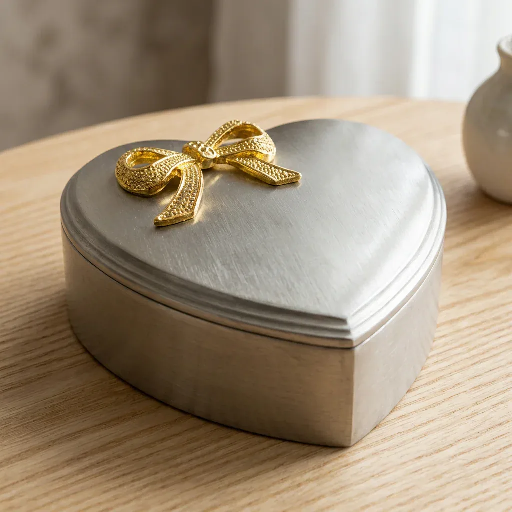Fortinnet smykkeskrin med forgyldt sløjfe 12x12 cm i skandinavisk indretning