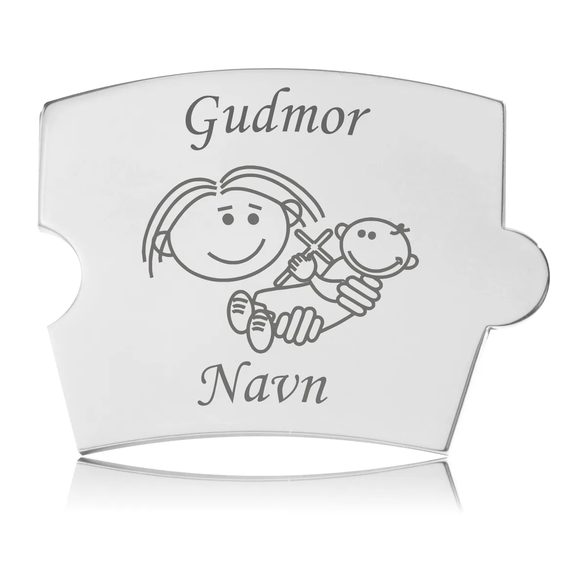 Memozz Spin Gudmor brik i håndpoleret stål med gravering af figur der holder baby. Til mindetavle.