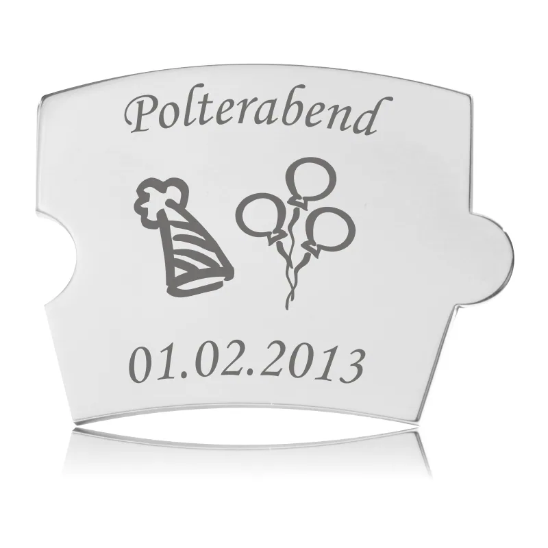Memozz Spin brik til polterabend i elegant håndpoleret rustfrit stål med gravering af festhat og balloner.