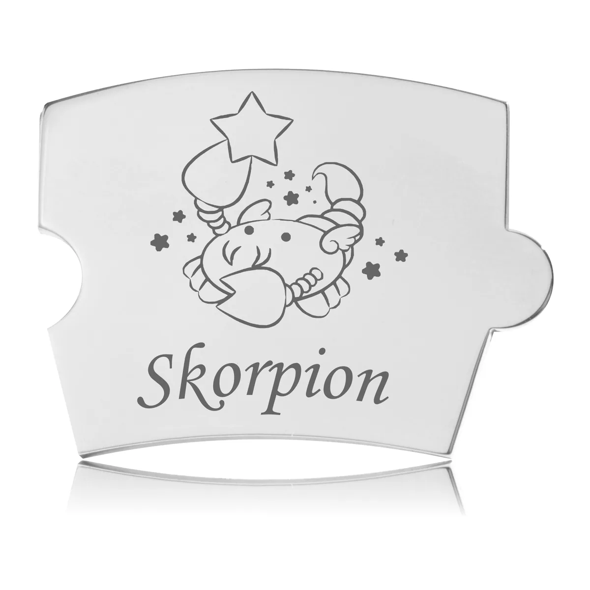 Memozz Spin brik med indgraveret Skorpion stjernetegn og stjerner på håndpoleret rustfrit stål, klar til mindetavle.