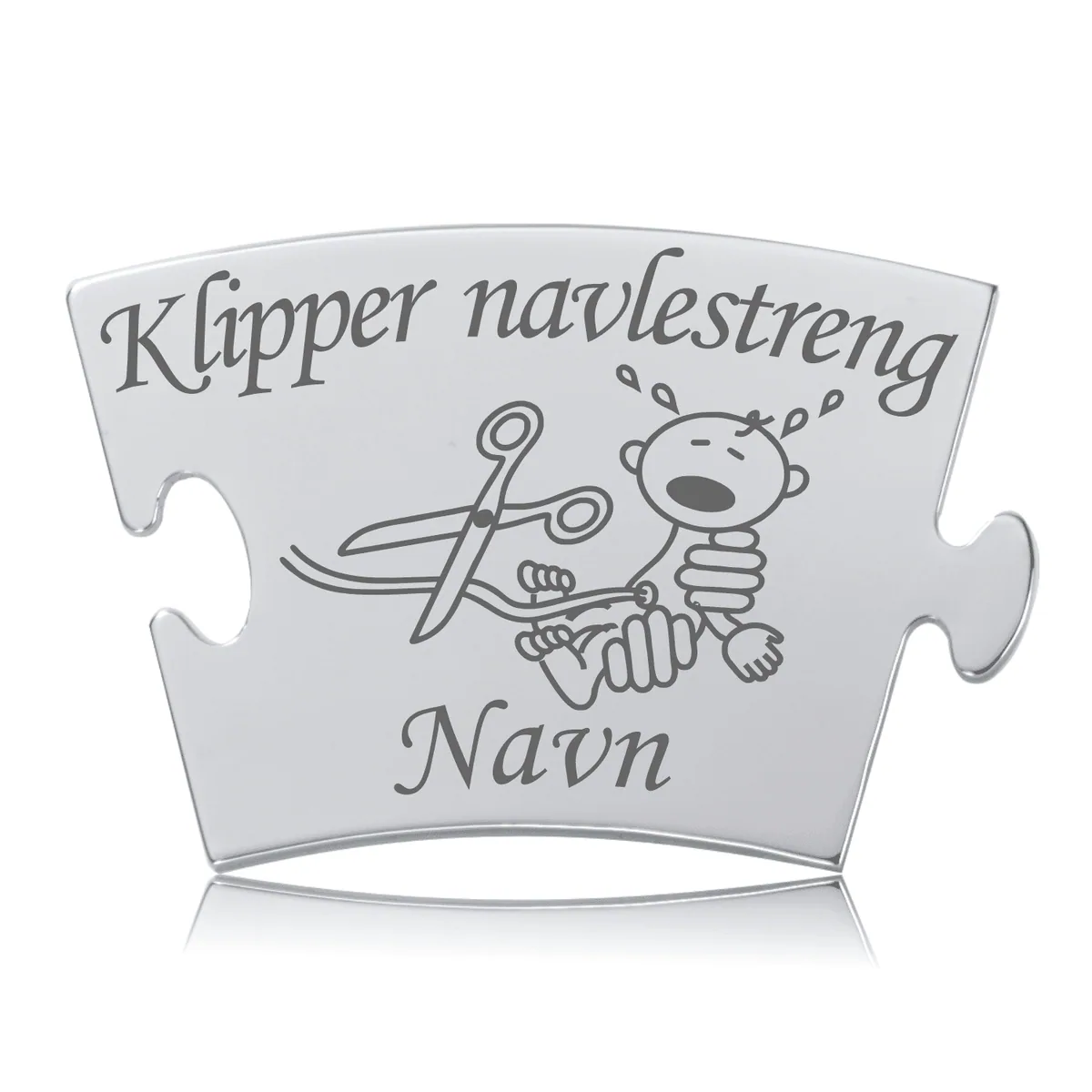 Memozz Classic brik til "Klipper Navlestreng" i skinnende rustfrit stål med graveret motiv af en baby og saks.
