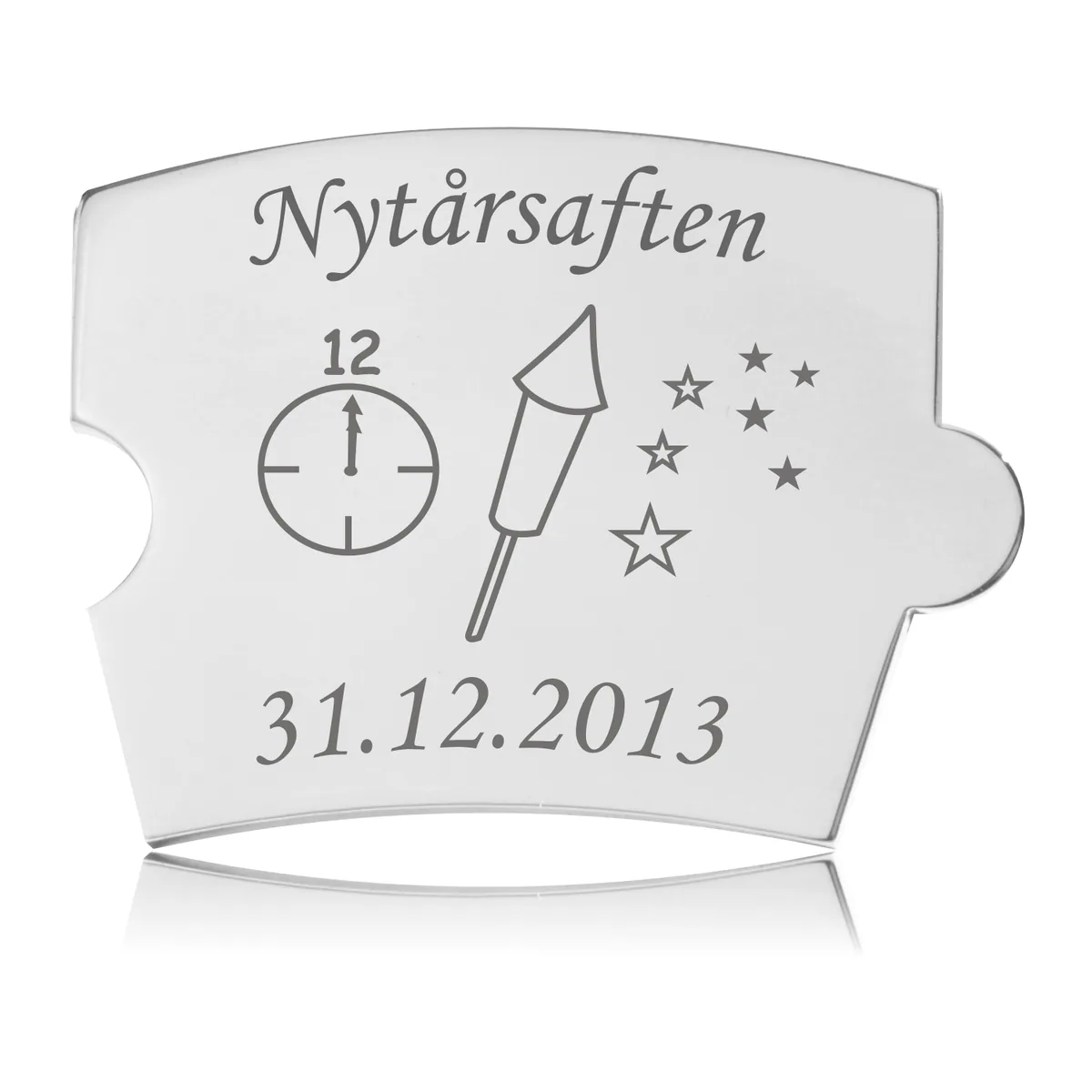 Memozz Spin brik til Nytårsaften med lasergraveret raket, urskive og stjerner på håndpoleret rustfrit stål