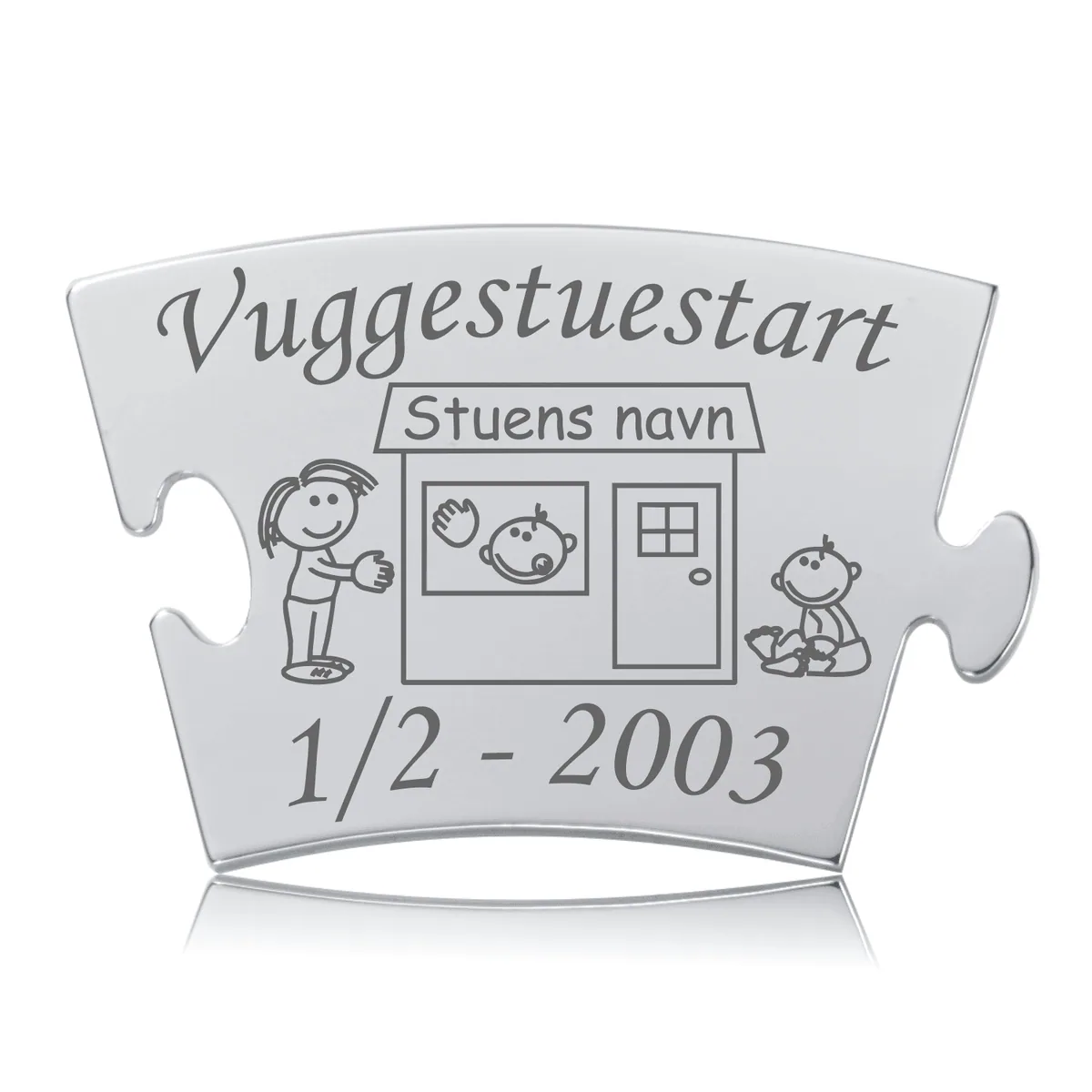 Memozz Classic "Vuggestuestart" brik i poleret rustfrit stål med lasergravering af vuggestuemiljø og børn