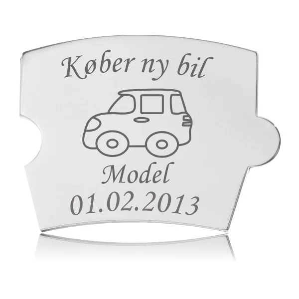 Memozz Spin brik i poleret rustfrit stål med gravering af bil og teksten "Køber ny bil" og "Model"
