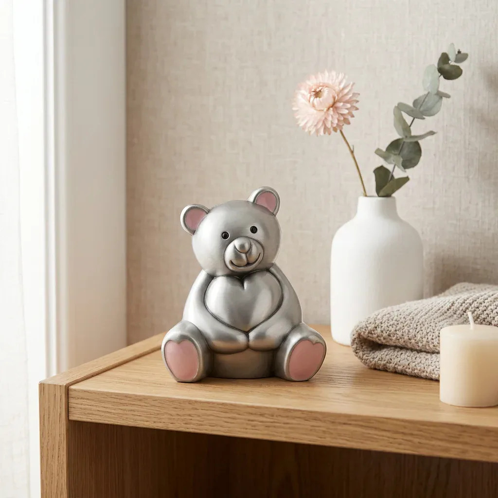 Fortinnet bamse med lyserøde detaljer i et lyst skandinavisk børneværelse