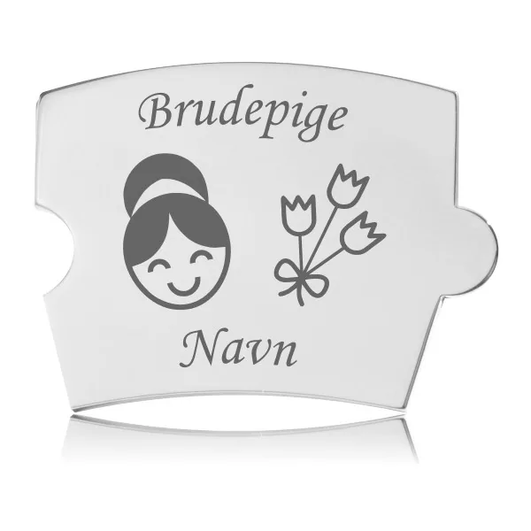 Memozz Spin Brudepige brik i håndpoleret stål med lasergraveret motiv af smilende brudepige og tulipaner